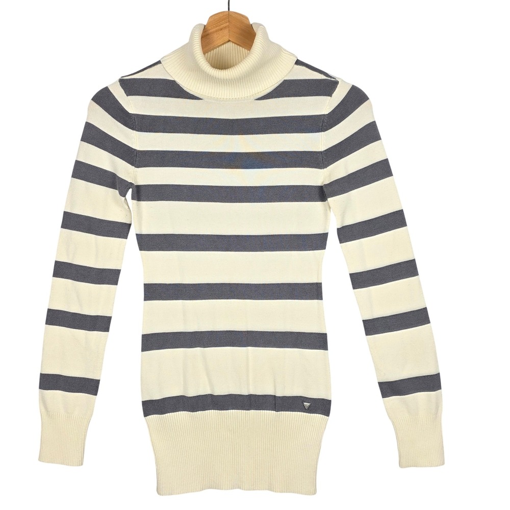 Guess Womens Striped Turtleneck Sweater Cream Gray Size S/P Long Sleeve Knit Top - Picture 2 of 16